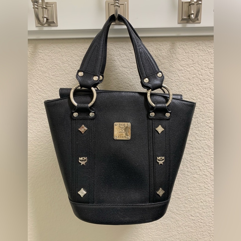 MCM Munchen Black Leather with Silver Accents Bag 9”H X 10W X 5.5”D